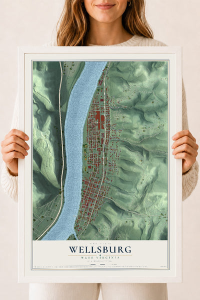 Map of Wellsburg, West Virginia, 18 x 24 inch print in a white wood frame