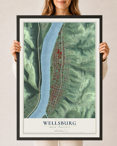 Map of Wellsburg, West Virginia, 24 x 36 inch print in a black wood frame