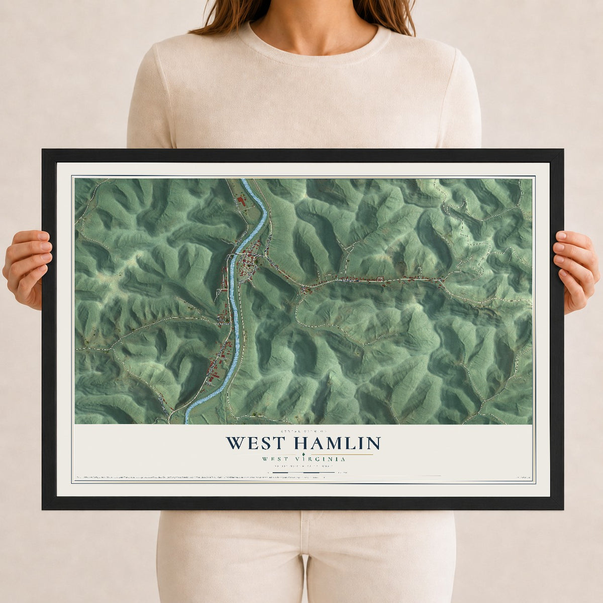 Map of West Hamlin, West Virginia, 12 x 18 inch print in a black wood frame
