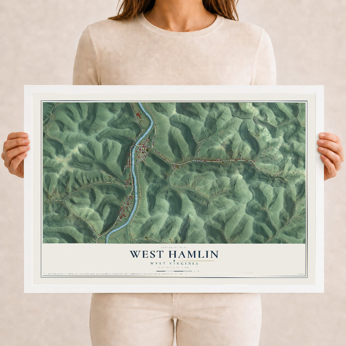 Map of West Hamlin, West Virginia, 12 x 18 inch print in a white wood frame