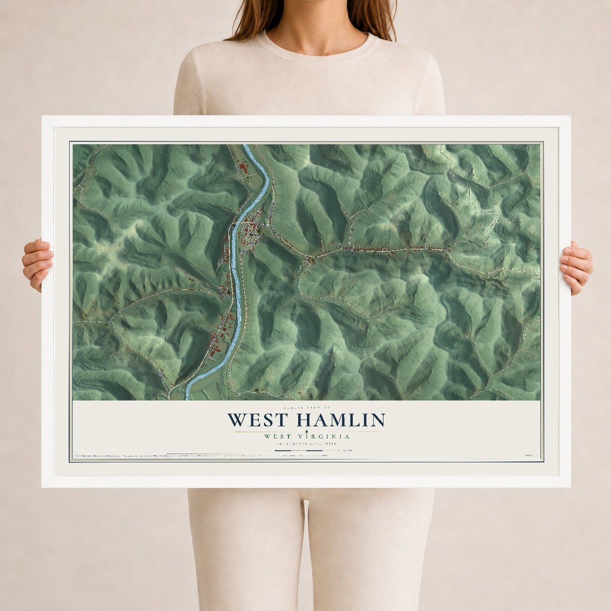 Map of West Hamlin, West Virginia, 24 x 36 inch print in a white wood frame