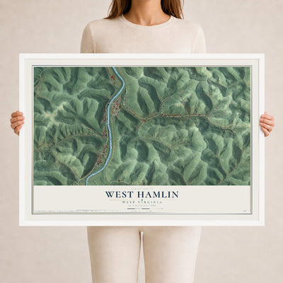 Map of West Hamlin, West Virginia, 24 x 36 inch print in a white wood frame