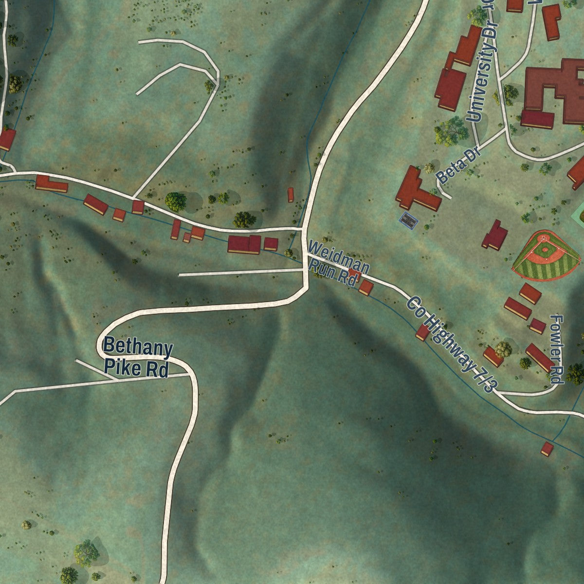 Second close-up of the map of West Liberty, West Virginia print showing more streets and buildings