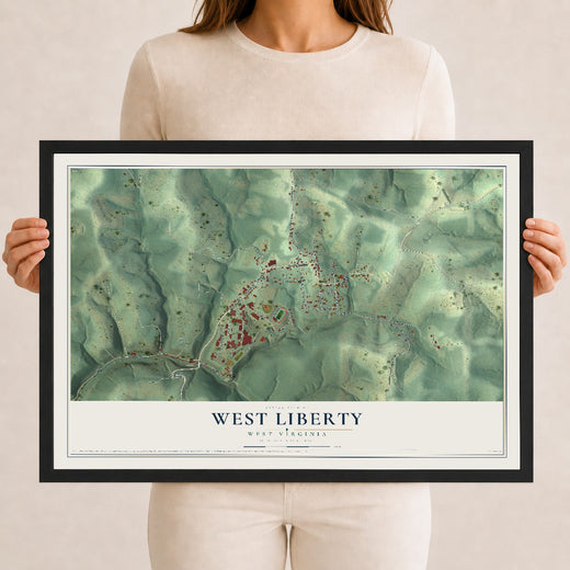 Map of West Liberty, West Virginia, 12 x 18 inch print in a black wood frame