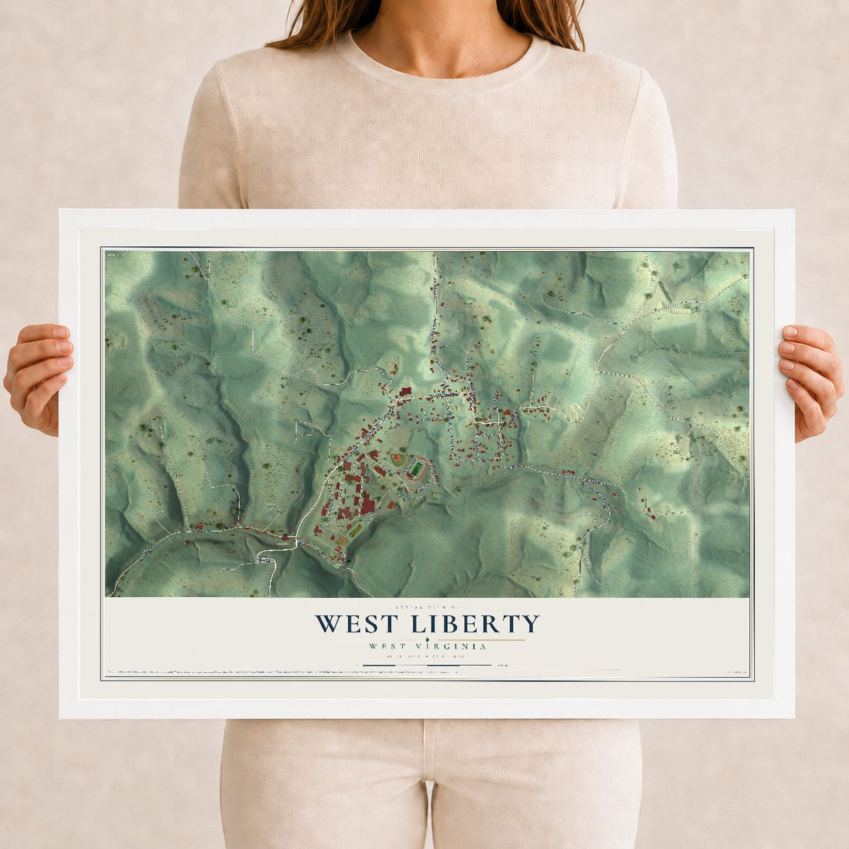Map of West Liberty, West Virginia, 12 x 18 inch print in a white wood frame