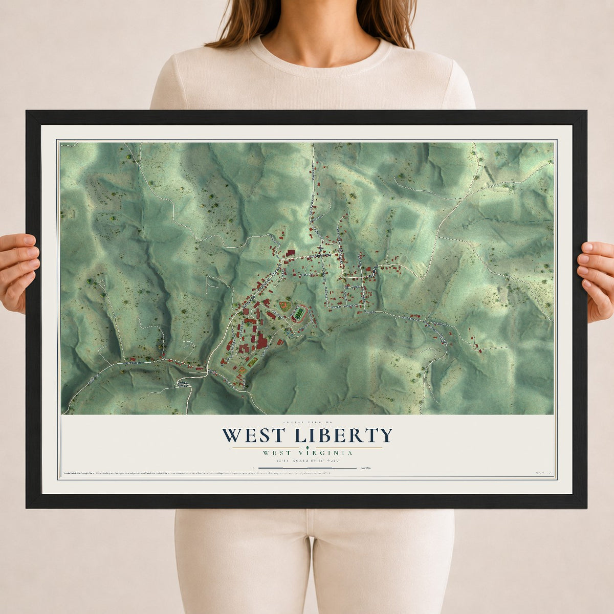 Map of West Liberty, West Virginia, 18 x 24 inch print in a black wood frame