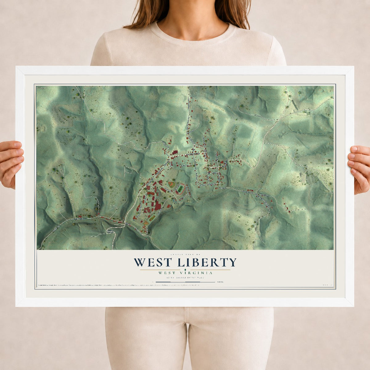 Map of West Liberty, West Virginia, 18 x 24 inch print in a white wood frame