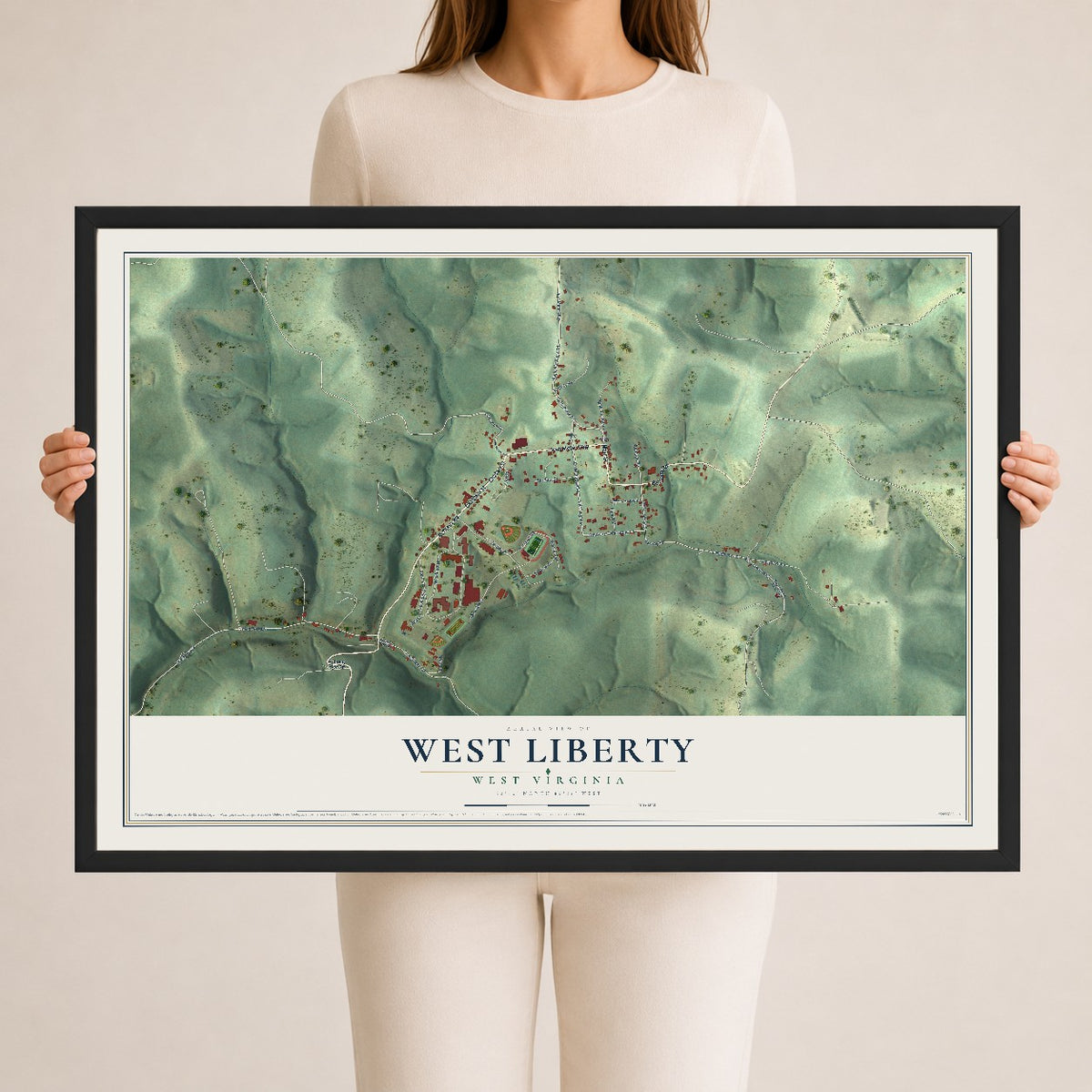 Map of West Liberty, West Virginia, 24 x 36 inch print in a black wood frame