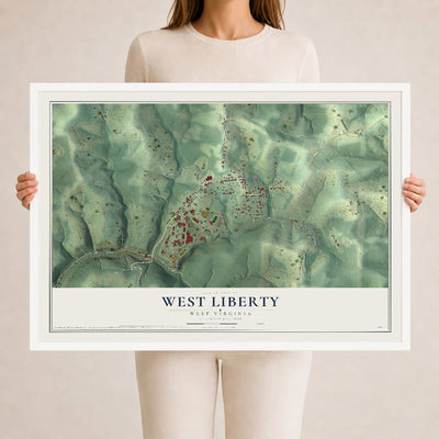 Map of West Liberty, West Virginia, 24 x 36 inch print in a white wood frame
