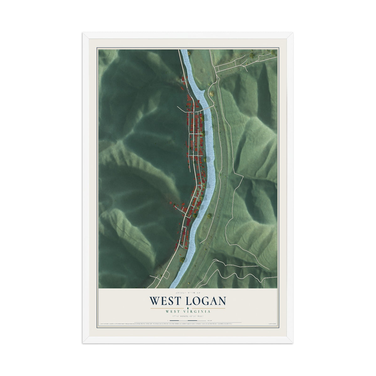 Map of West Logan, West Virginia, 12 x 18 inch print in a white wood frame