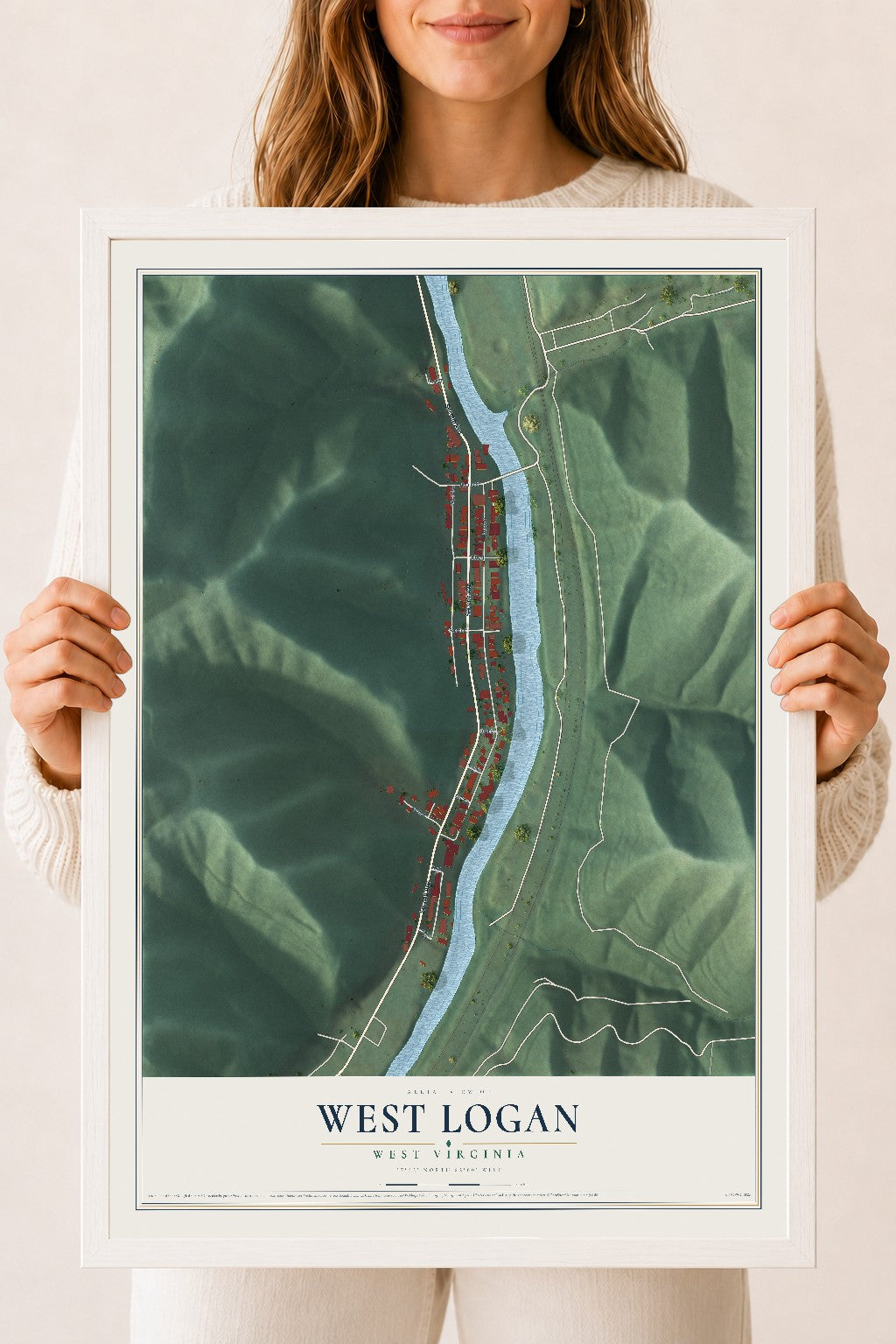 Map of West Logan, West Virginia, 18 x 24 inch print in a white wood frame