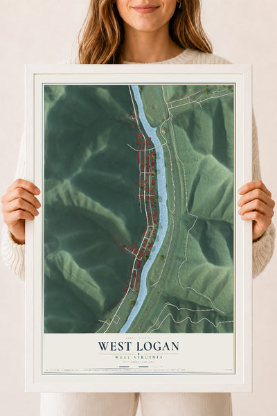 Map of West Logan, West Virginia, 18 x 24 inch print in a white wood frame