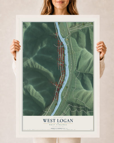 Map of West Logan, West Virginia, 24 x 36 inch print in a white wood frame