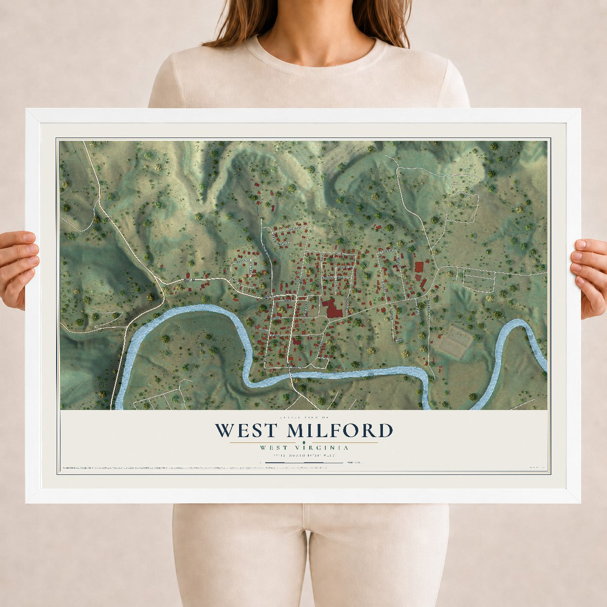 Map of West Milford, West Virginia, 18 x 24 inch print in a white wood frame