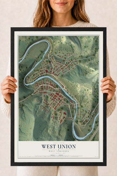 Map of West Union, West Virginia, 18 x 24 inch print in a black wood frame