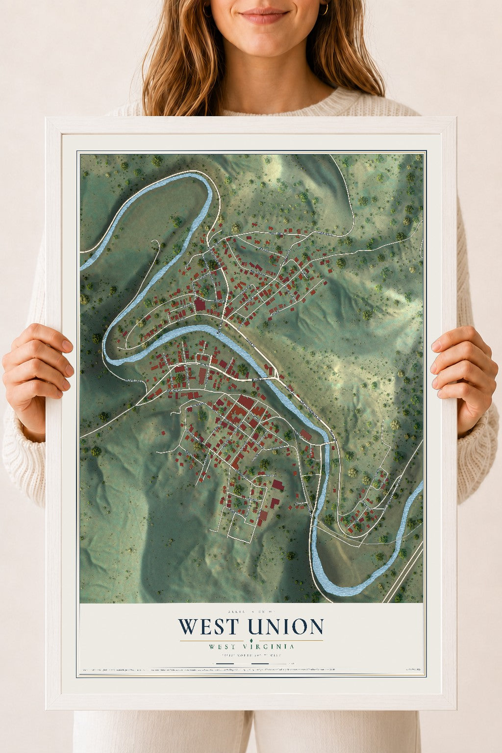 Map of West Union, West Virginia, 18 x 24 inch print in a white wood frame