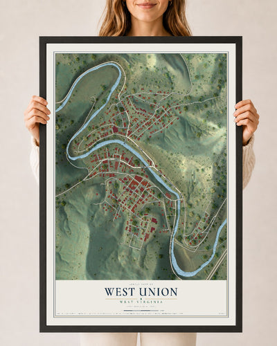 Map of West Union, West Virginia, 24 x 36 inch print in a black wood frame