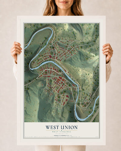 Map of West Union, West Virginia, 24 x 36 inch print in a white wood frame