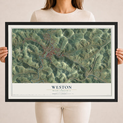 Map of Weston, West Virginia, 18 x 24 inch print in a black wood frame