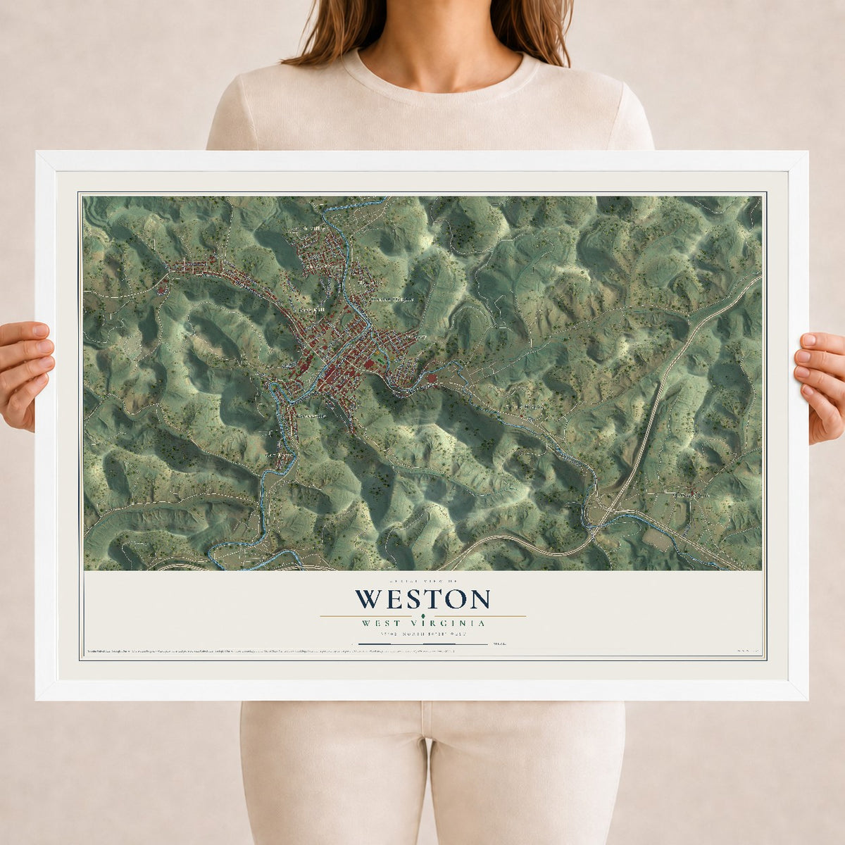 Map of Weston, West Virginia, 18 x 24 inch print in a white wood frame