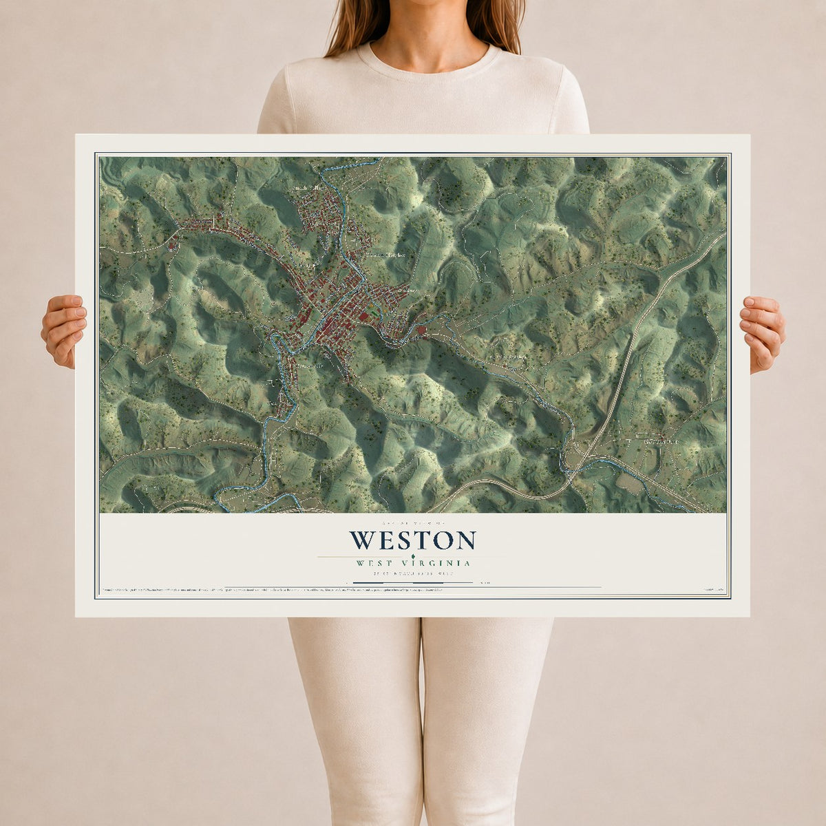 Map of Weston, West Virginia, 24 x 36 inch unframed archival matte print