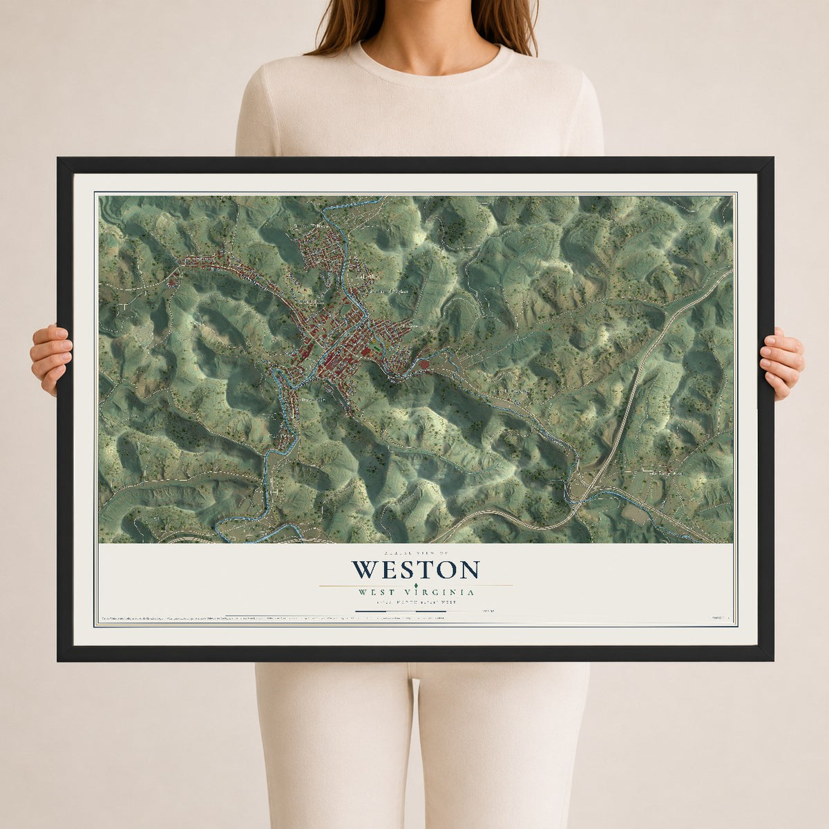 Map of Weston, West Virginia, 24 x 36 inch print in a black wood frame