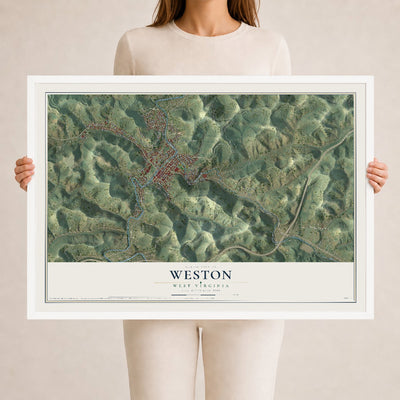 Map of Weston, West Virginia, 24 x 36 inch print in a white wood frame