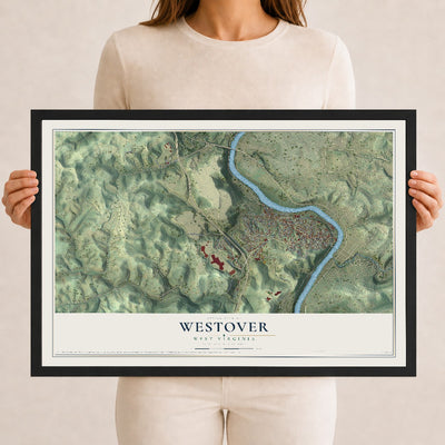 Map of Westover, West Virginia, 12 x 18 inch print in a black wood frame