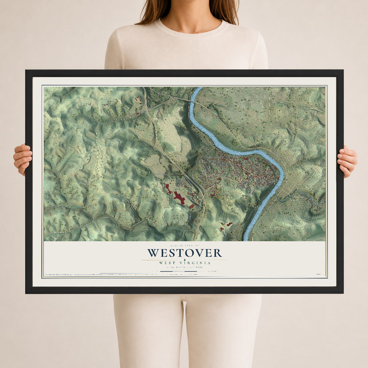 Map of Westover, West Virginia, 24 x 36 inch print in a black wood frame