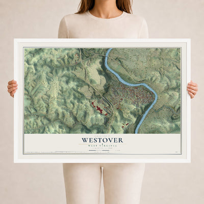 Map of Westover, West Virginia, 24 x 36 inch print in a white wood frame