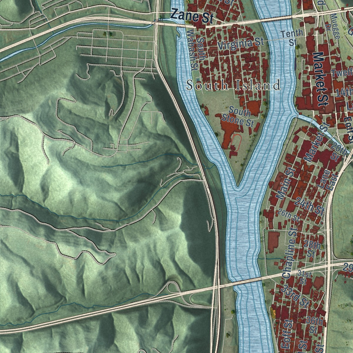 Second close-up of the map of Wheeling, West Virginia print showing more streets and buildings