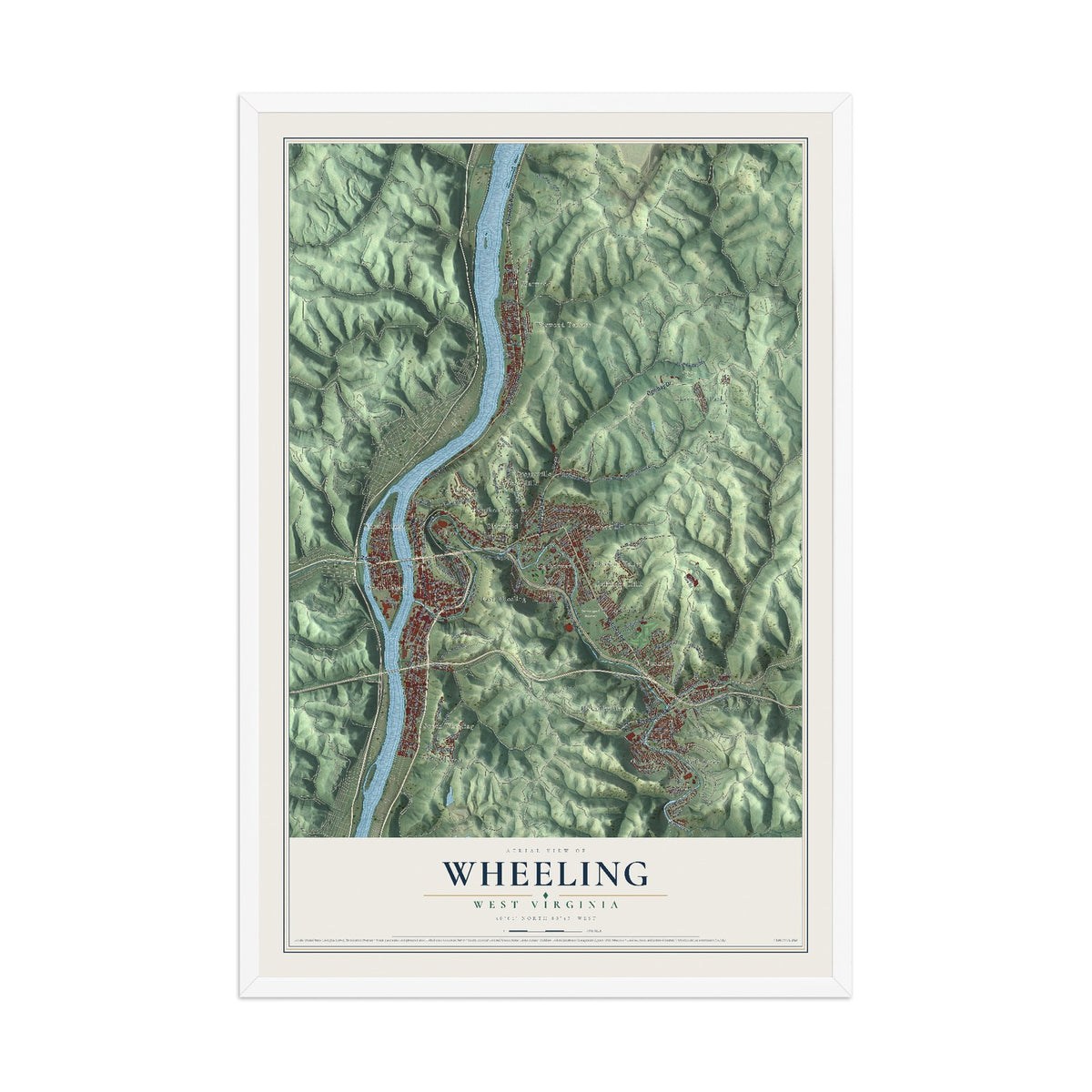 Map of Wheeling, West Virginia, 12 x 18 inch print in a white wood frame