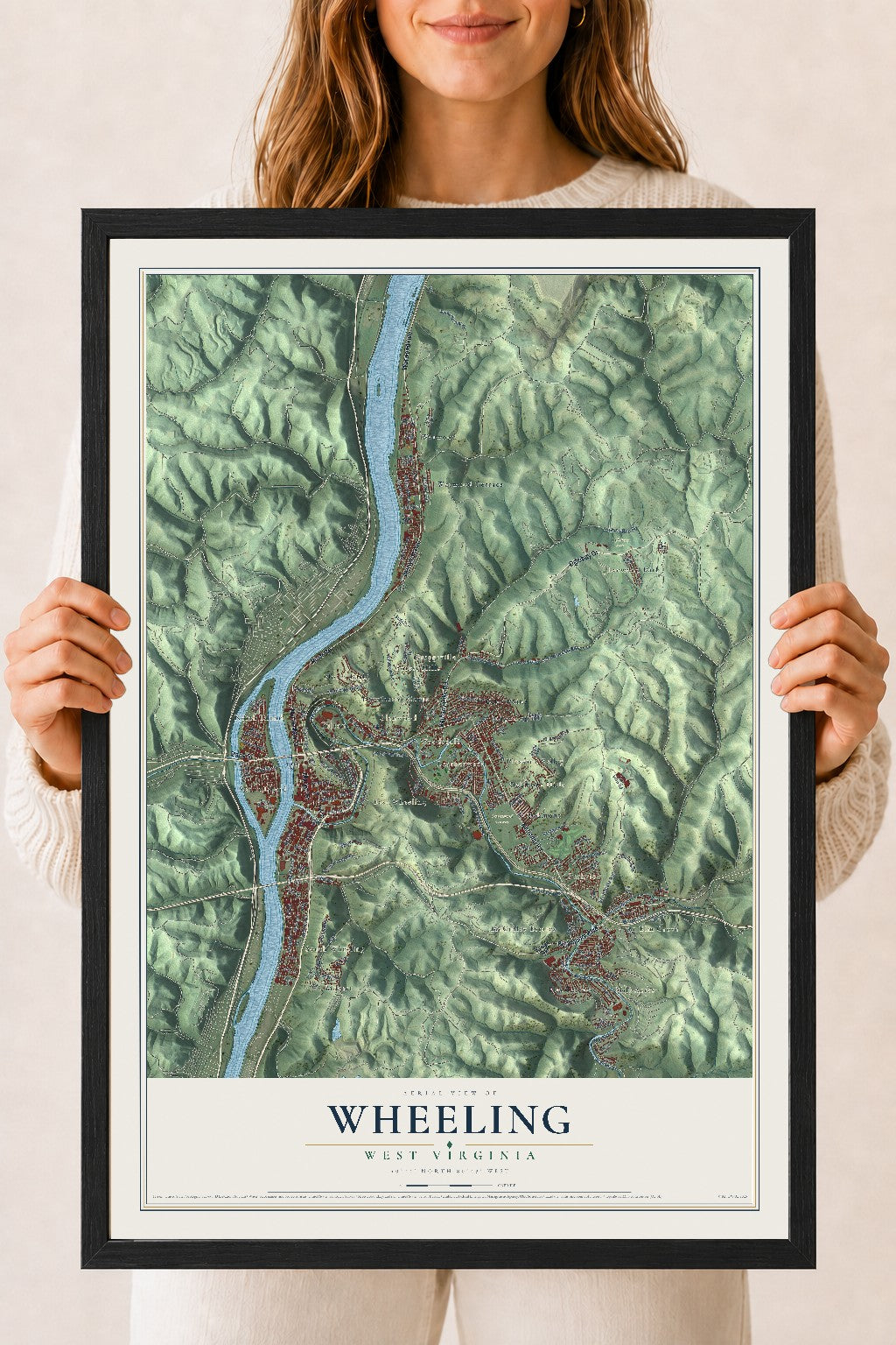 Map of Wheeling, West Virginia, 18 x 24 inch print in a black wood frame