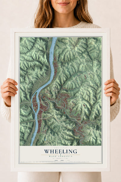 Map of Wheeling, West Virginia, 18 x 24 inch print in a white wood frame