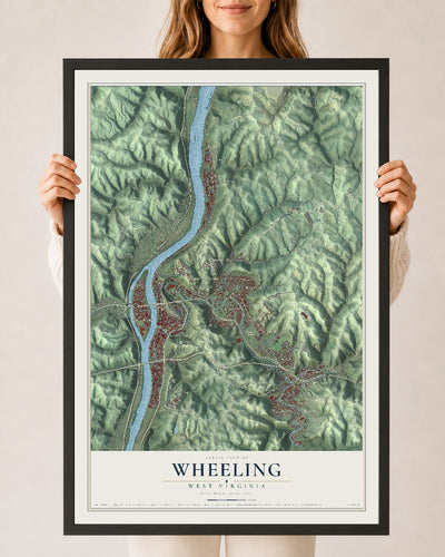 Map of Wheeling, West Virginia, 24 x 36 inch print in a black wood frame