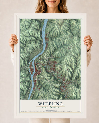 Map of Wheeling, West Virginia, 24 x 36 inch print in a white wood frame