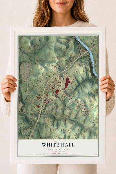 Map of White Hall, West Virginia, 18 x 24 inch print in a white wood frame