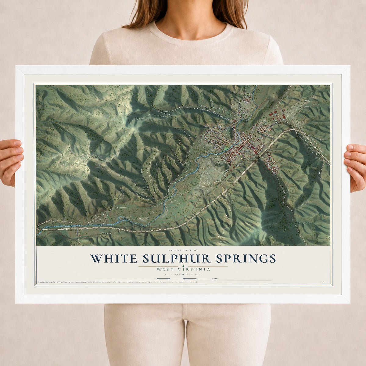 Map of White Sulphur Springs, West Virginia, 18 x 24 inch print in a white wood frame