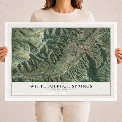 Map of White Sulphur Springs, West Virginia, 18 x 24 inch print in a white wood frame