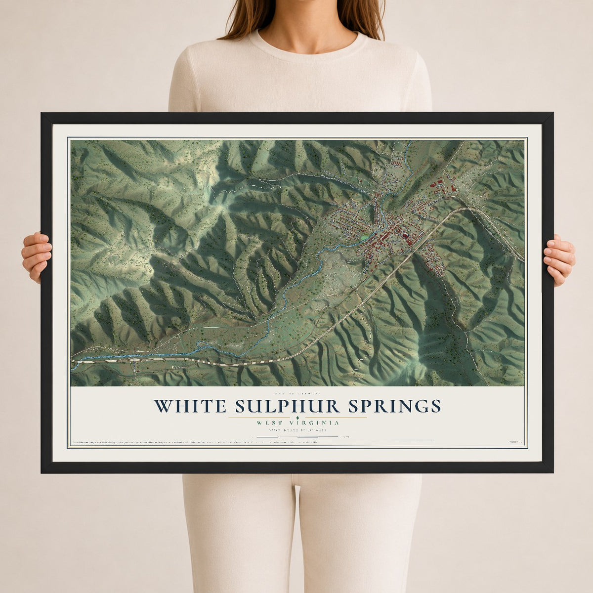 Map of White Sulphur Springs, West Virginia, 24 x 36 inch print in a black wood frame