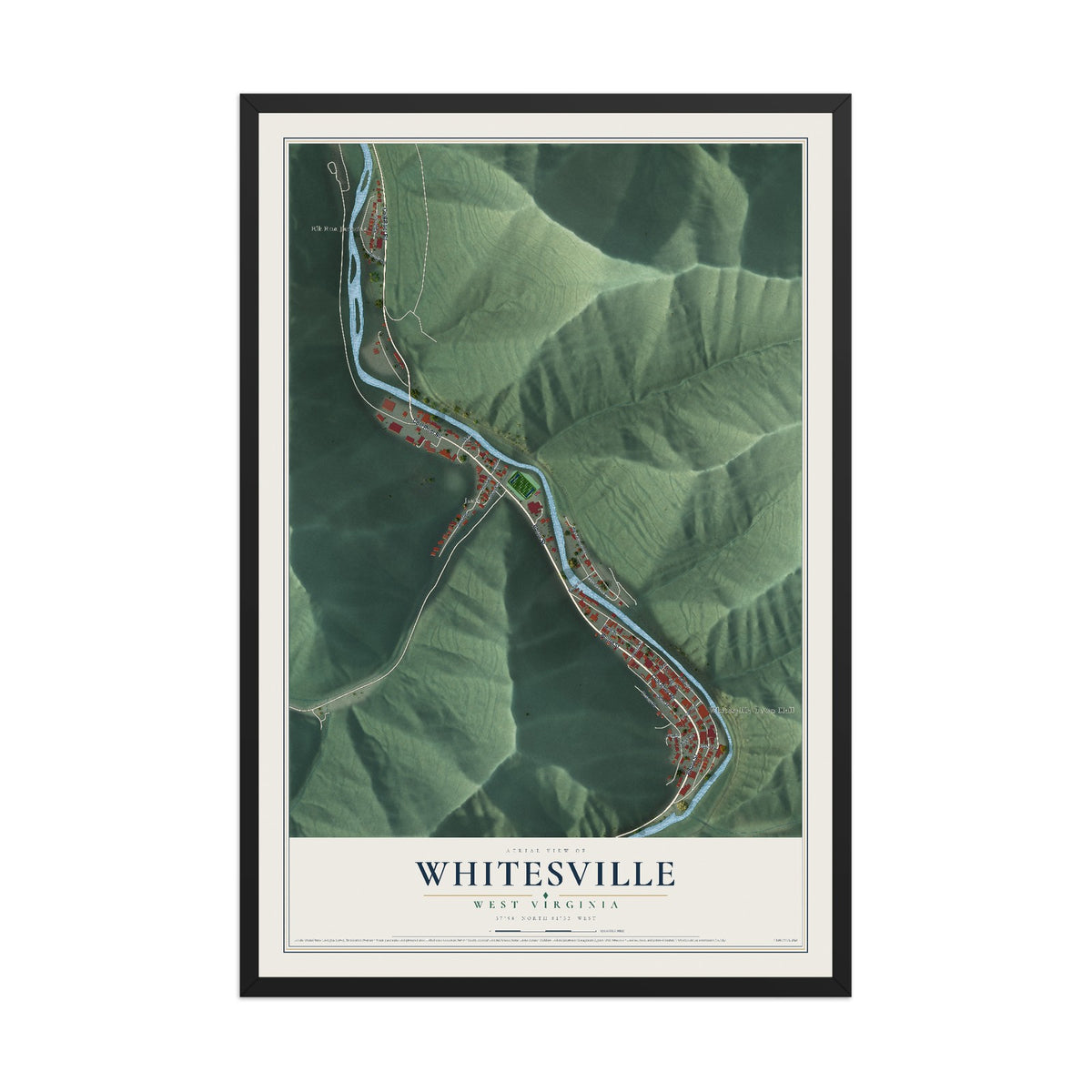 Map of Whitesville, West Virginia, 12 x 18 inch print in a black wood frame