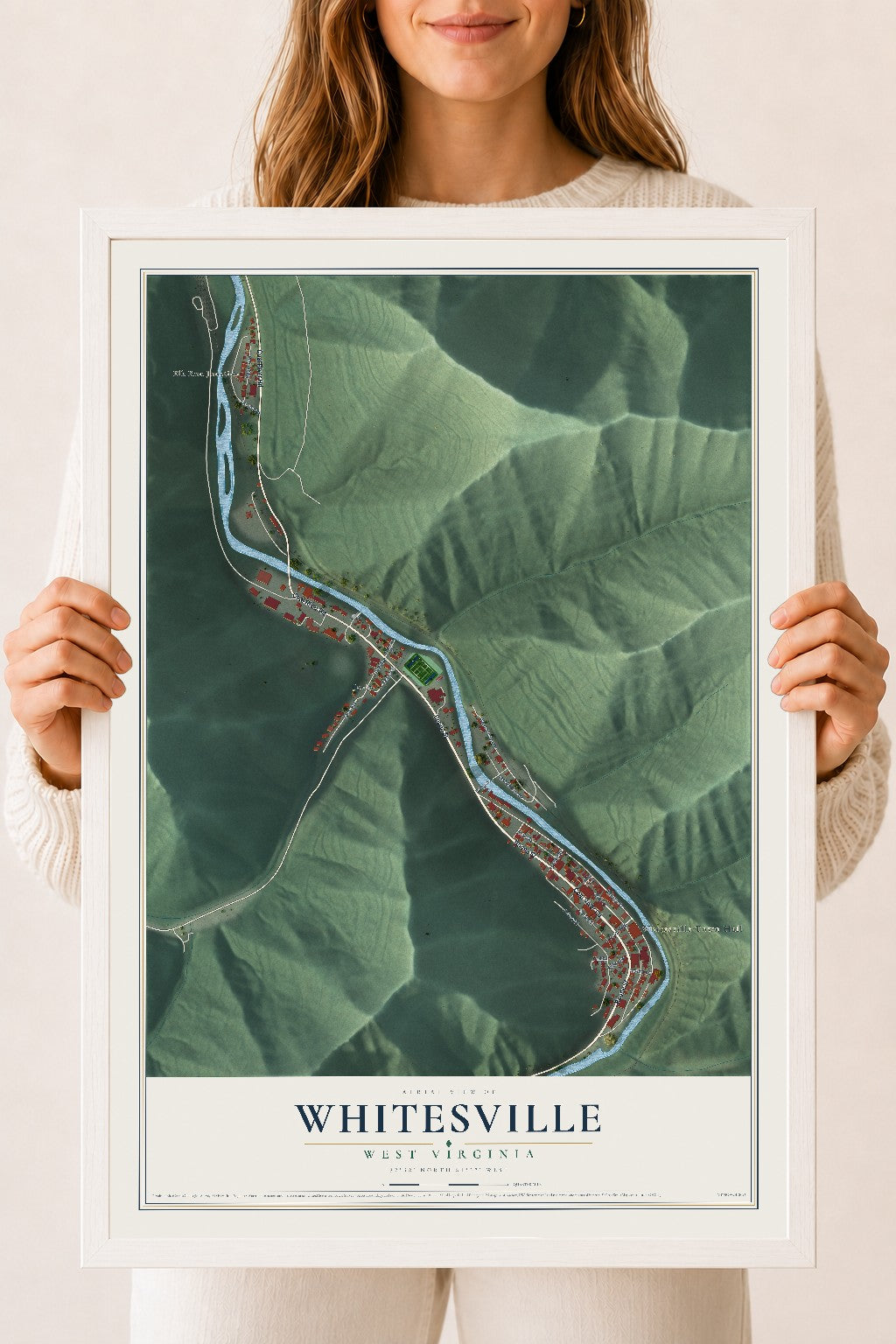Map of Whitesville, West Virginia, 18 x 24 inch print in a white wood frame