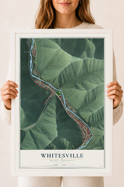 Map of Whitesville, West Virginia, 18 x 24 inch print in a white wood frame