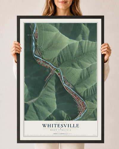 Map of Whitesville, West Virginia, 24 x 36 inch print in a black wood frame