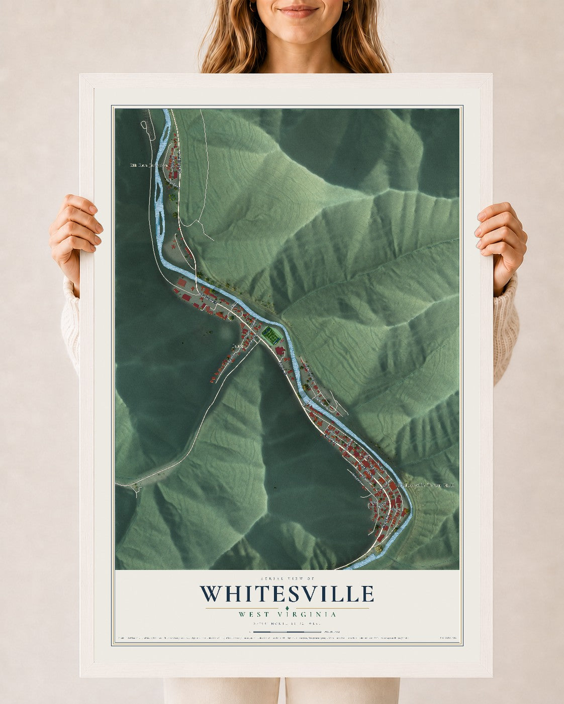 Map of Whitesville, West Virginia, 24 x 36 inch print in a white wood frame