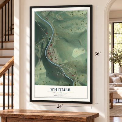 Whitmer, West Virginia map, 24 x 36 inch print in a black frame by a staircase