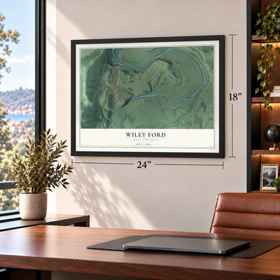Wiley Ford, West Virginia map, 18 x 24 inch print in a black frame in a home office