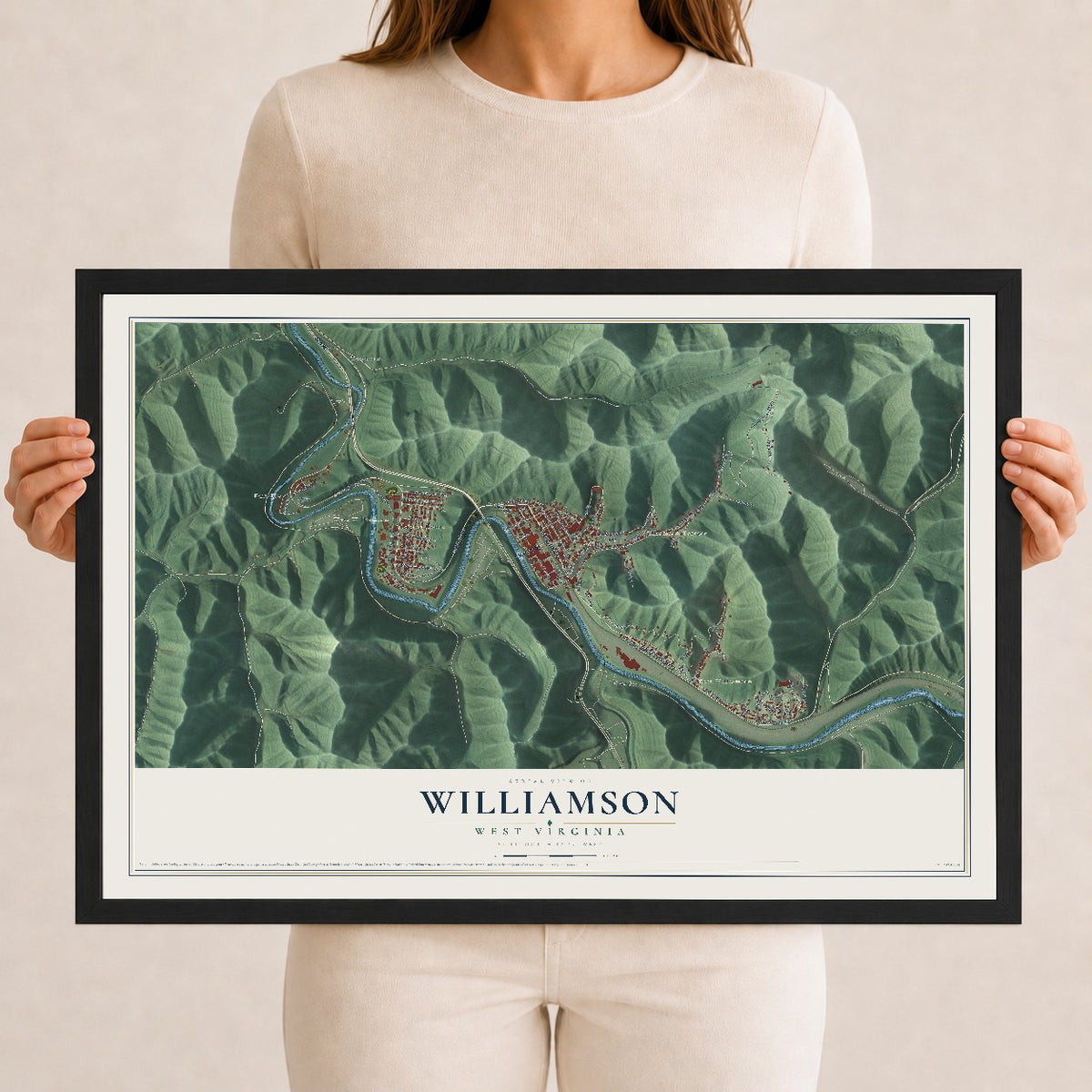 Map of Williamson, West Virginia, 12 x 18 inch print in a black wood frame