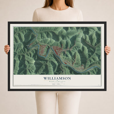 Map of Williamson, West Virginia, 24 x 36 inch print in a black wood frame