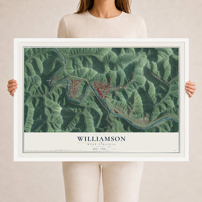 Map of Williamson, West Virginia, 24 x 36 inch print in a white wood frame